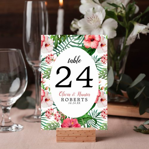 Tropical Floral Pink Hibiscus Green Palm Wedding Table Number