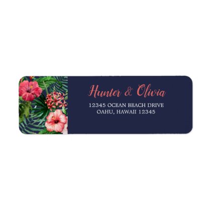 Tropical Floral Pink Hibiscus Palm Navy Label