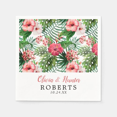 Tropical Floral Pink Hibiscus Palm White Wedding Napkins