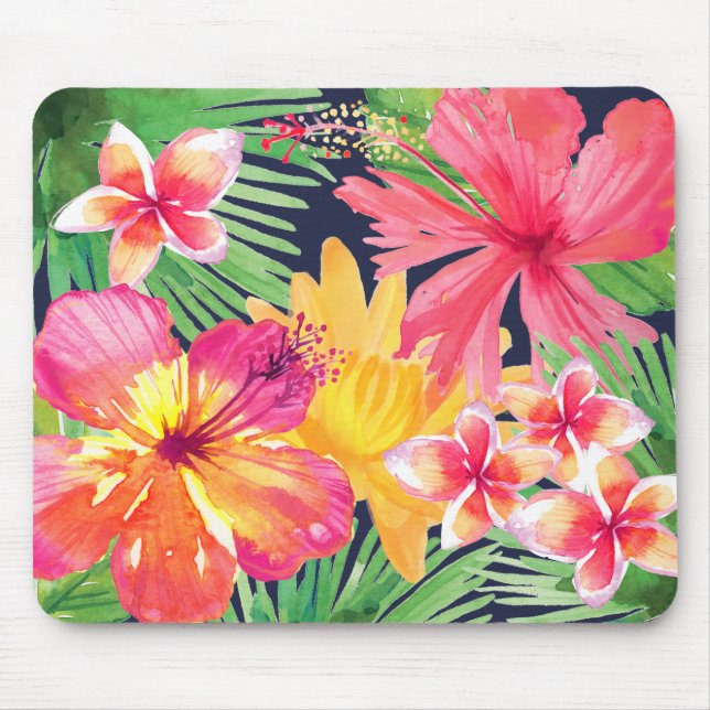 Tropical Floral Pink Hibiscus Plumeria Navy Blue Mouse Pad (Front)
