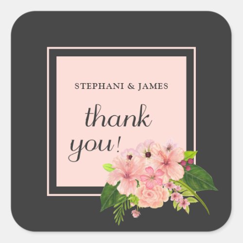 Tropical Floral Pink Peach  Charcoal Thank You Square Sticker