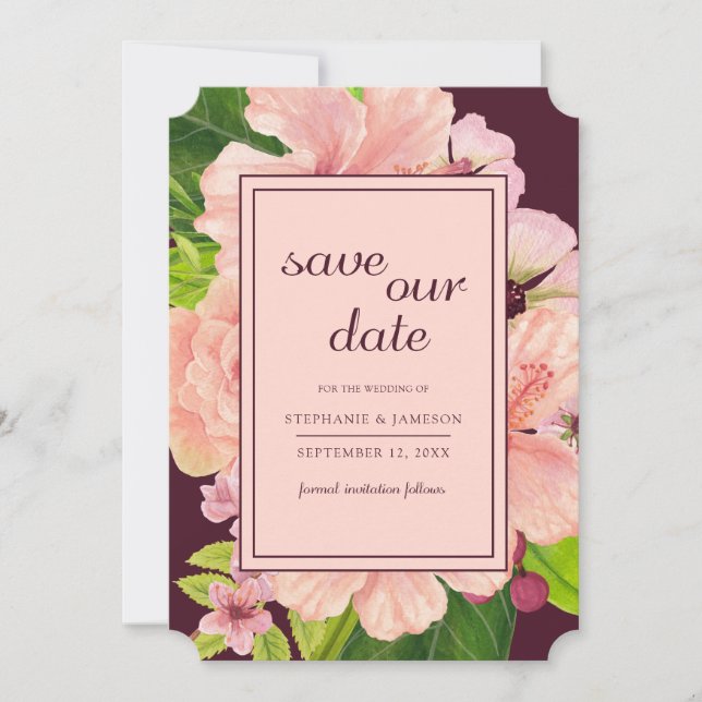 Tropical Floral Pink & Peach Watercolor Save The Date (Front)