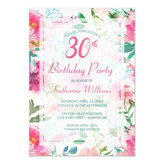 Tropical Floral Pink Peony 30th Birthday Party Invitation