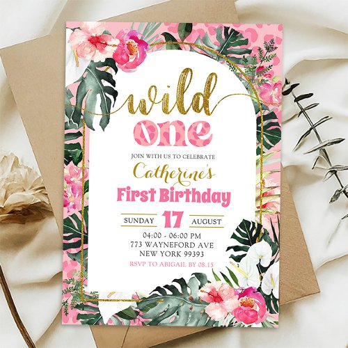 Tropical Floral Pink Wild One First Birthday Invitation