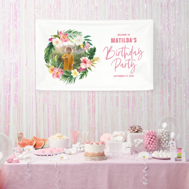 tropical floral pink yellow flamingo stylish banner (Party)