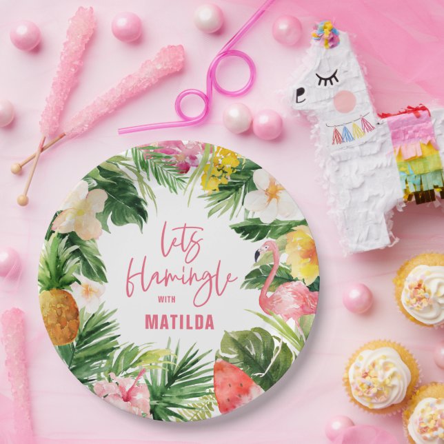 tropical floral pink yellow flamingo stylish paper plates (Party)