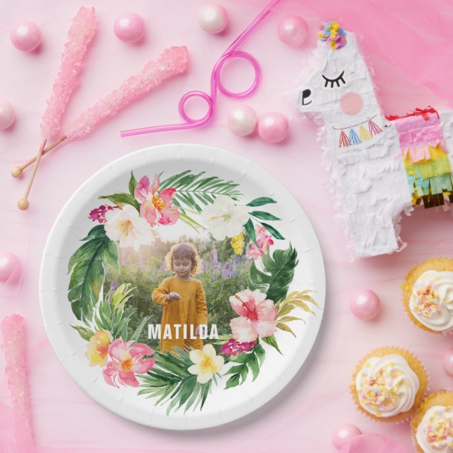 tropical floral pink yellow flamingo stylish paper plates (Party)
