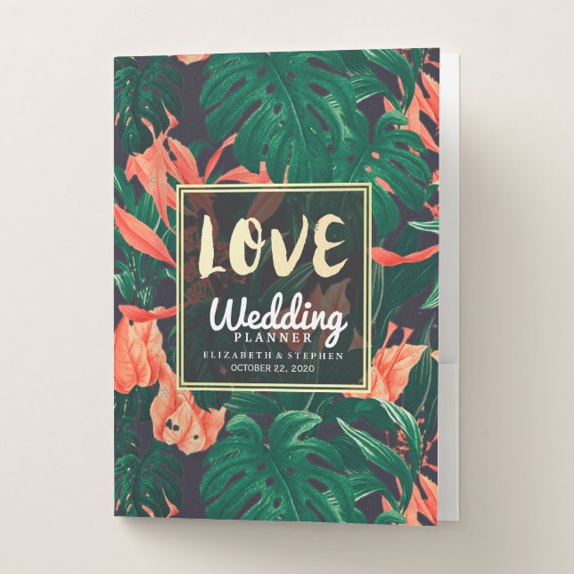 Tropical Floral Plant Gold Frame Wedding Planner Pocket Folder (Front)