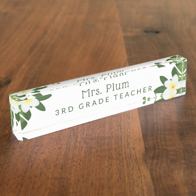 Tropical Floral Plumeria Palm Leaves Desk Name Plate (Side)