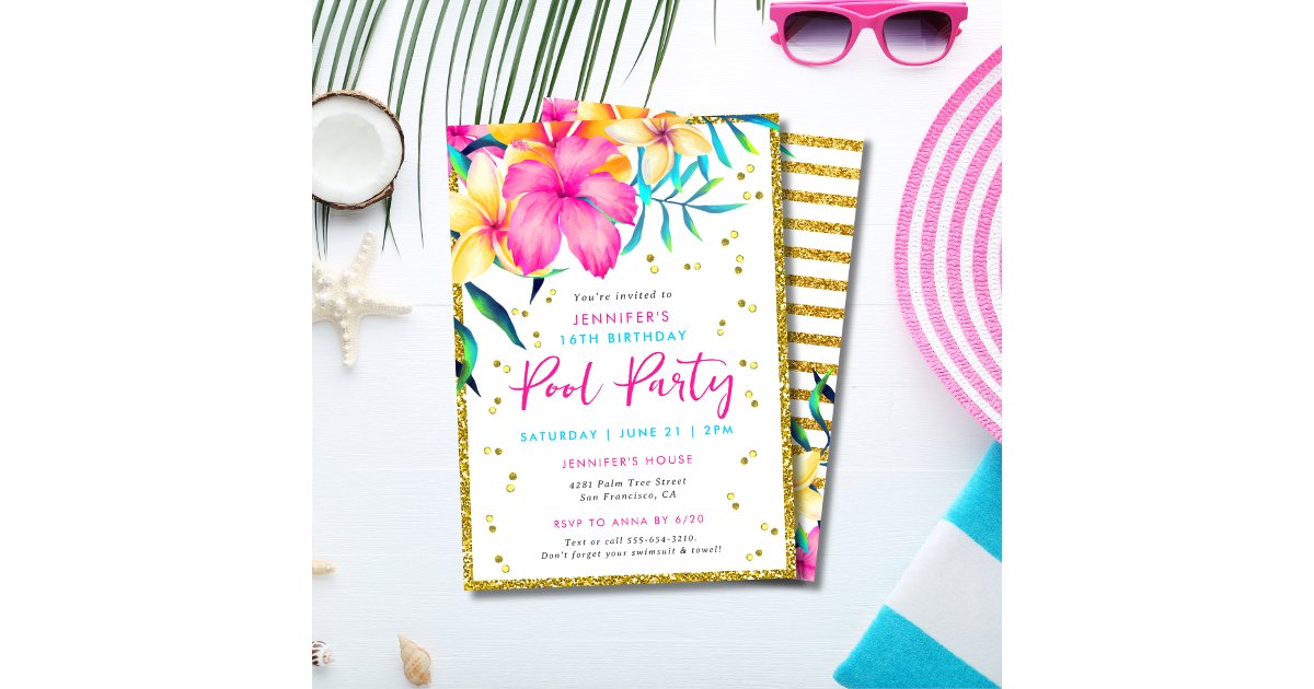 Tropical Floral Pool Party Birthday Invitation | Zazzle