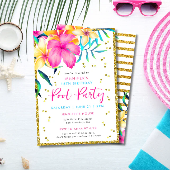Tropical Floral Pool Party Birthday Invitation | Zazzle