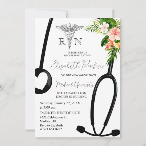 Tropical Floral RN Nursing School Graduation Party Invitation