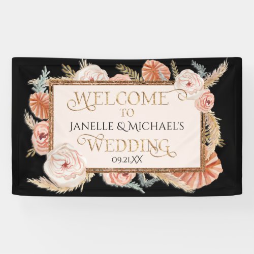 Tropical Floral Rose Gold Black Blush Pampas Palms Banner