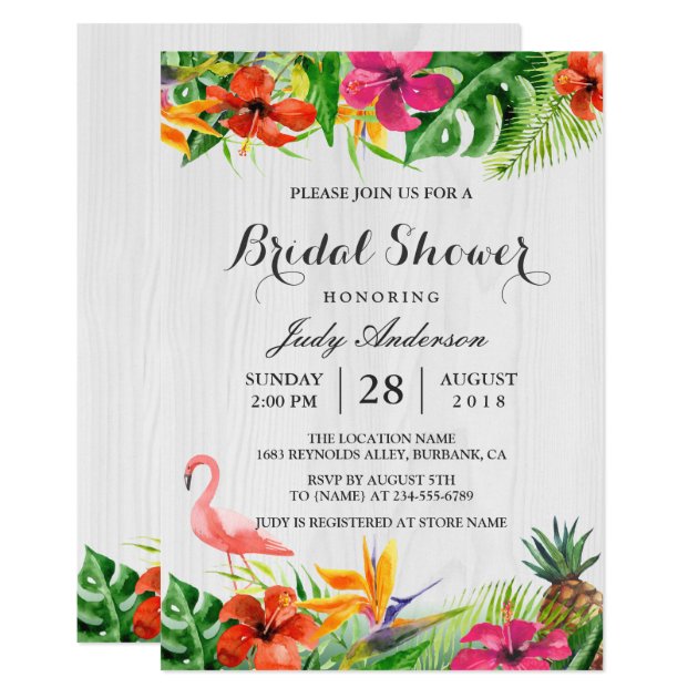 Tropical Floral Rustic Wood Flamingo Bridal Shower Invitation