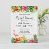 Tropical Floral Rustic Wood Flamingo Bridal Shower Invitation (Standing Front)