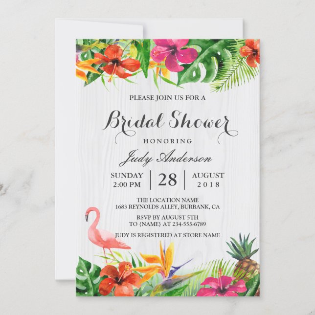Tropical Floral Rustic Wood Flamingo Bridal Shower Invitation (Front)