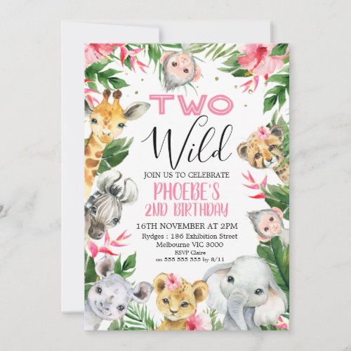 Tropical Floral Safari Animals Two Wild Birthday Invitation