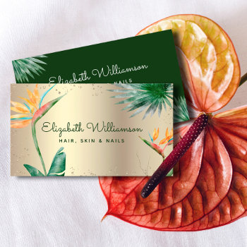 Tropical Floral Script Gold Foil Hair Beauty Salon Business Card by Luceworks at Zazzle
