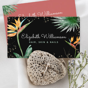 Tropical Floral Script Gold on Black Beauty Salon Business Card