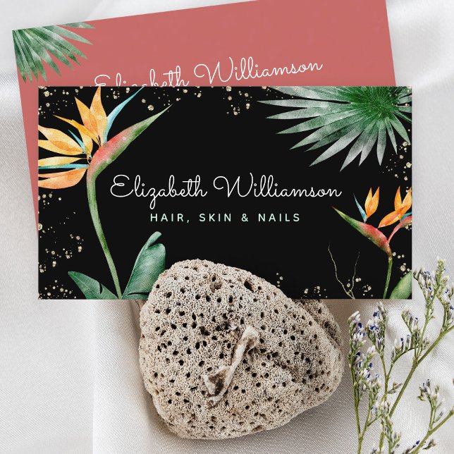 Tropical Floral Script Gold on Black Beauty Salon Business Card (Creator Uploaded)