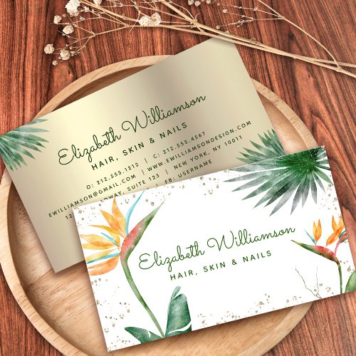 Tropical Floral Script Gold White Beauty Salon Business Card