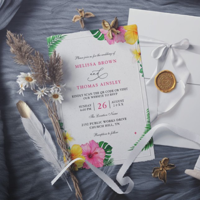 Tropical Floral Sea Elegant Budget QR Code Wedding Invitation (Creator Uploaded)