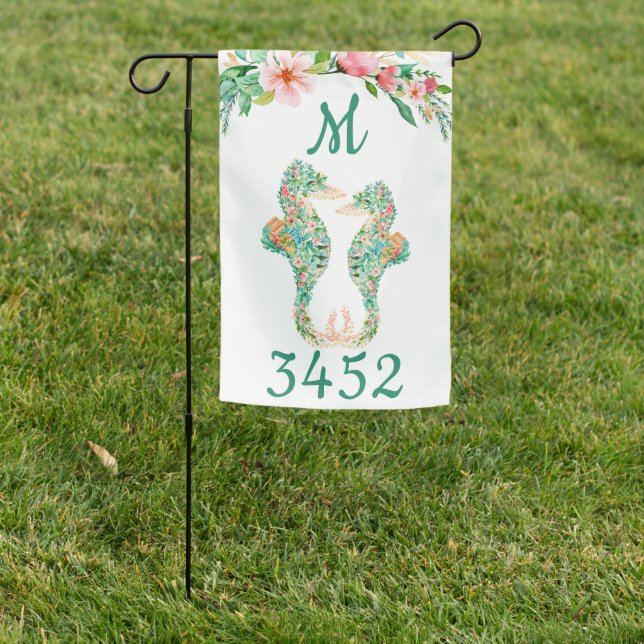 Tropical Floral Seahorse Couple Monogram House # Garden Flag (In SItu)