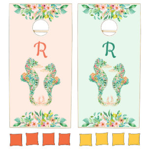 Tropical Floral Seahorse Couple Monogram Two Toned Cornhole Set