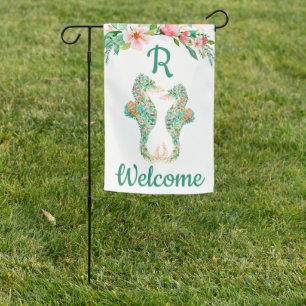 Tropical Floral Seahorse Couple Monogram Welcome Garden Flag