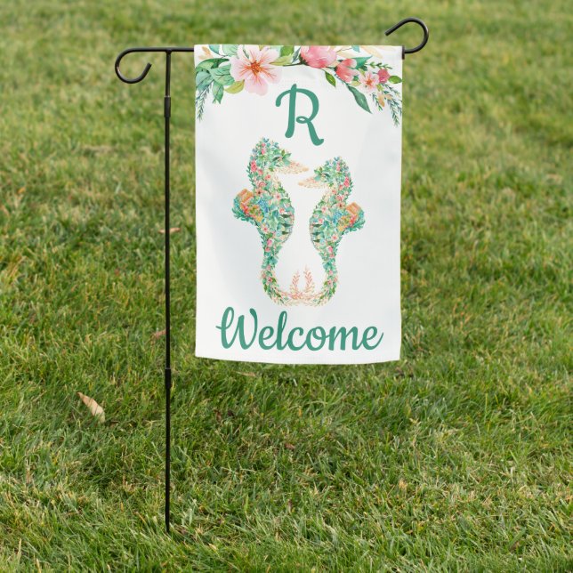 Tropical Floral Seahorse Couple Monogram Welcome Garden Flag (In SItu)