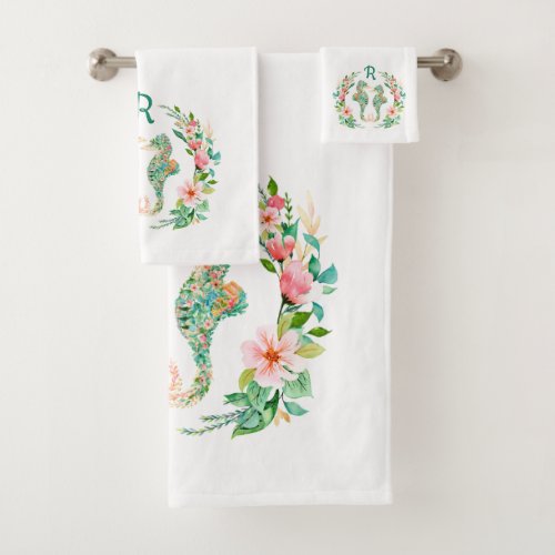 Tropical Floral Seahorse Couple Monogrammed Bath Towel Set