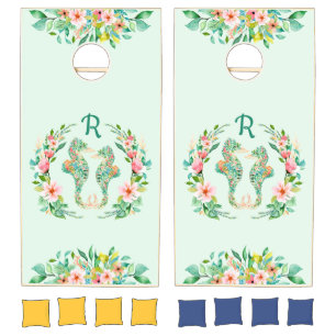 Tropical Floral Seahorse Couple Monogrammed Cornhole Set