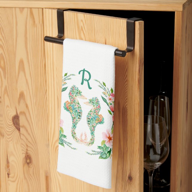 Tropical Floral Seahorse Couple Monogrammed Kitchen Towel (Thirds Fold)