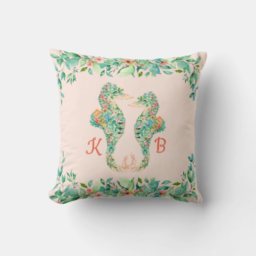 Tropical Floral Seahorse Couple Monograms Throw Pillow