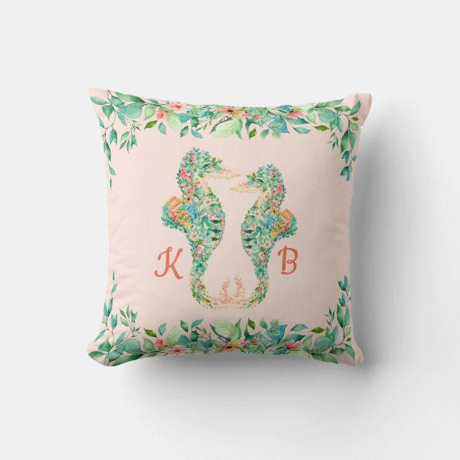 Tropical Floral Seahorse Couple Monograms Throw Pillow (Front)