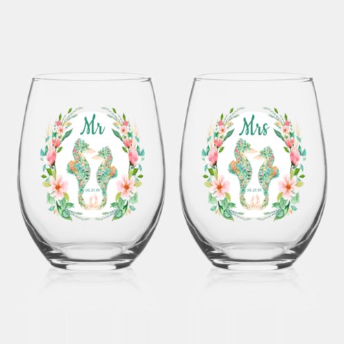 Tropical Floral Seahorse Mr Mrs Wedding Stemless Wine Glass