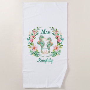 Tropical Floral Seahorse Mr or Mrs Name Beach Towel