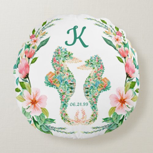 Tropical Floral Seahorse Newlyweds Monogram Round Pillow