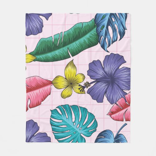 Tropical floral seamless leaves pattern fleece blanket