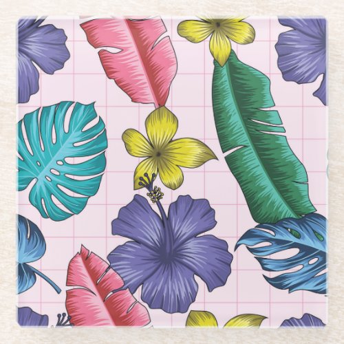 Tropical floral seamless leaves pattern glass coaster