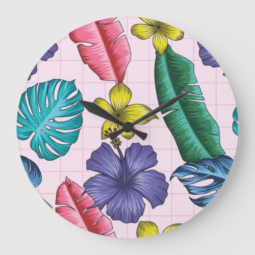 Tropical floral seamless leaves pattern large clock