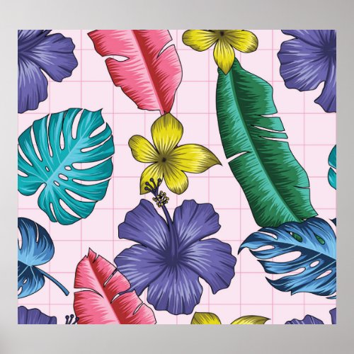 Tropical floral seamless leaves pattern poster