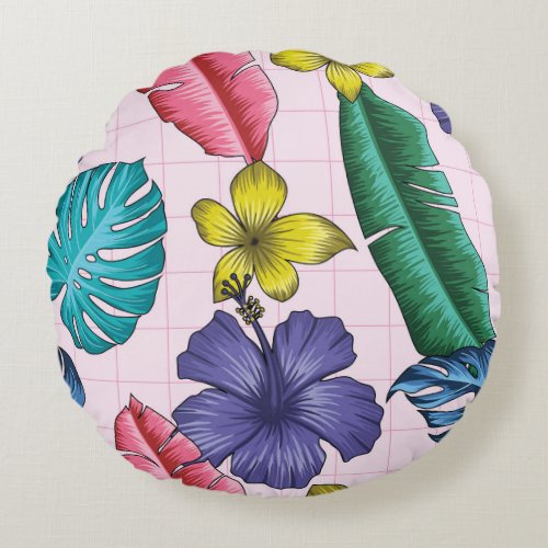 Tropical floral seamless leaves pattern round pillow