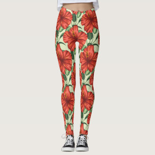 Tropical floral seamless pattern red flowers leggings