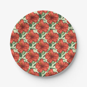 Tropical floral seamless pattern red flowers paper plates