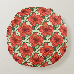 Tropical floral seamless pattern red flowers round pillow