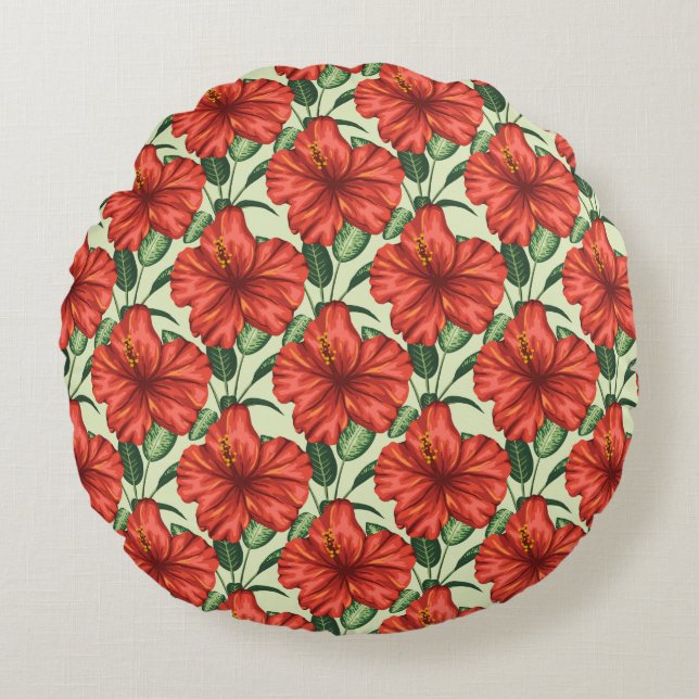 Tropical floral seamless pattern red flowers round pillow (Front)