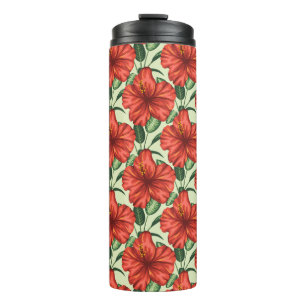 Tropical floral seamless pattern red flowers thermal tumbler