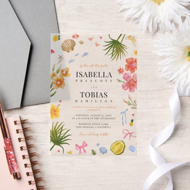 Tropical Floral & Shell Coastal Vellum Wedding Vellum Invitations (Wedding)