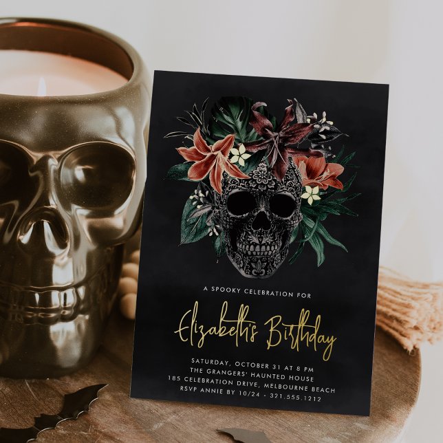 Tropical Floral Skull Halloween Birthday Party Foil Invitation (Creator Uploaded)